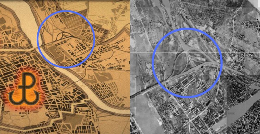 Element Pragi – z lewej strony wersji gry WARSAW, z prawej strony zdjęcie lotnicze z 1945 (warszawa1939.pl) 
