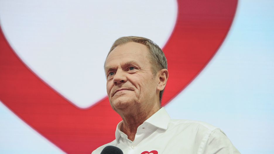 Donald Tusk, former president of the European Union (EU) and leader of the Civic Coalition, during an election night rally in Warsaw, Poland, on Sunday, Oct. 15, 2023. Poland's opposition is on course for a majority after Sunday's election, an upset that would deny the ruling nationalists a third term and see the country re-engage with the European Union. Photographer: Damian Lemanski/Bloomberg via Getty Images