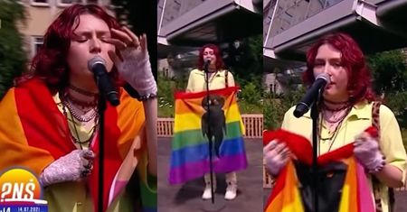 Niespotykany widok w "Pytaniu na Śniadanie": wokalistka owinęła się na scenie TĘCZOWĄ FLAGĄ!