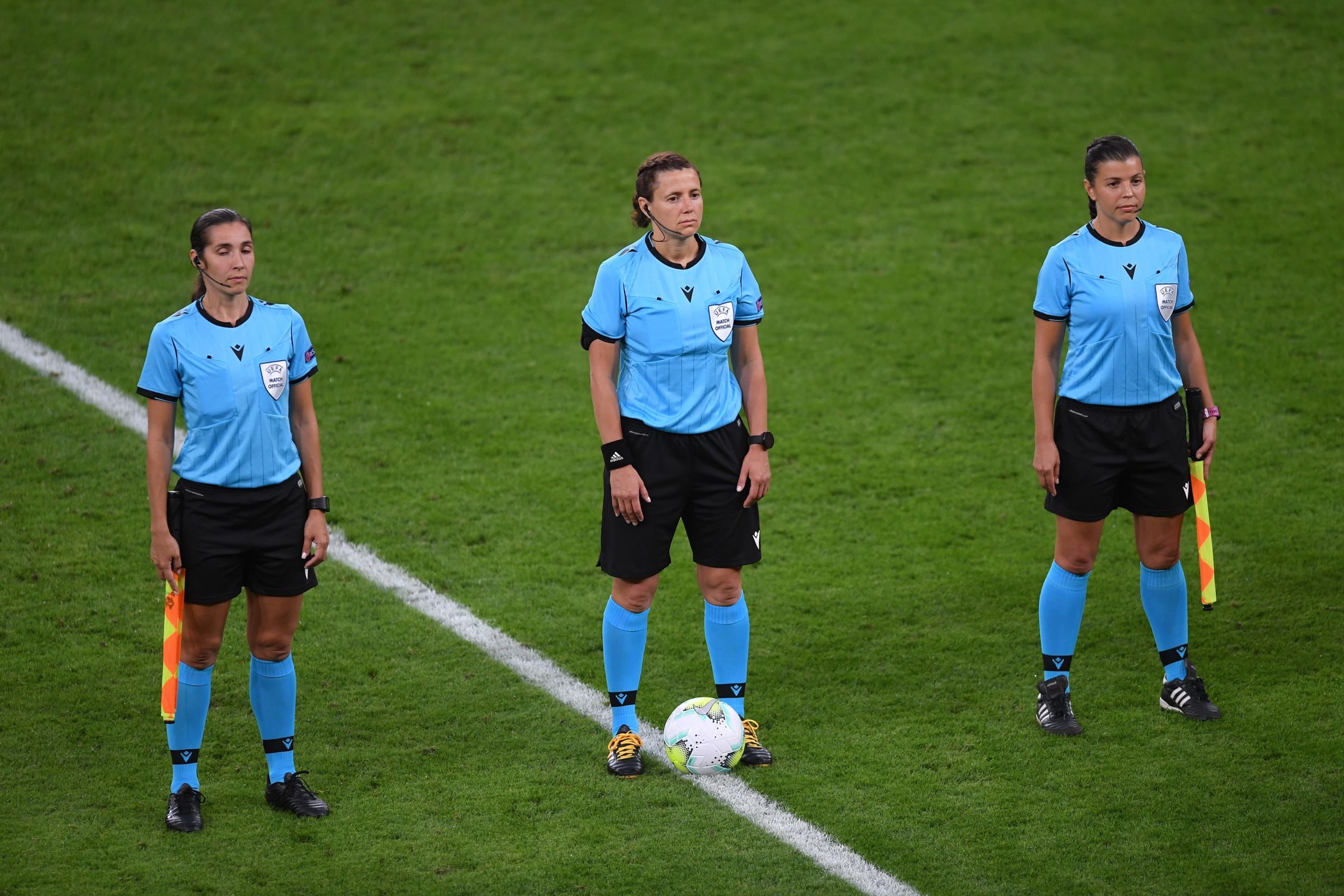 BILBAO, SPAIN - AUGUST 22: Referee Kateryna Monzul and her assistants Maryna Striletska and Oleksandra Ardasheva line up prior to the UEFA Women's Champions League Quarter Final match between Olympique Lyon Women and FC Bayern Muenchen Women at San Mames Stadium on August 22, 2020 in Bilbao, Spain. (Photo by Alex Caparros - UEFA/UEFA via Getty Images)