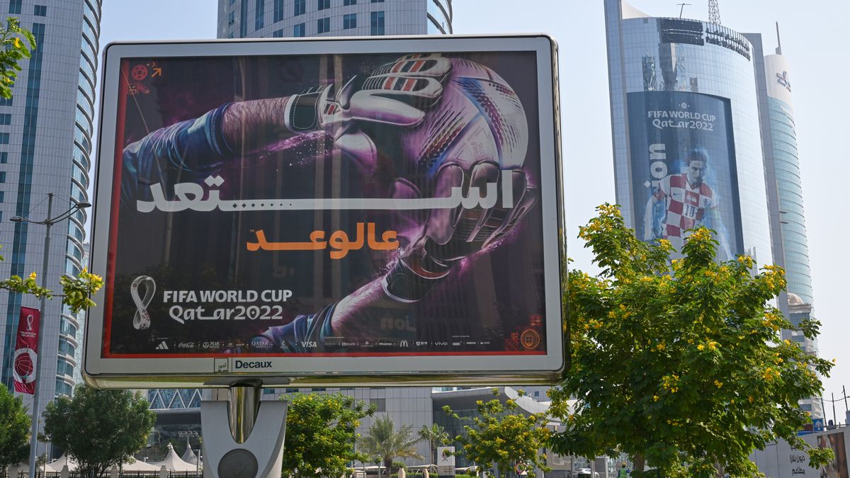 2022 FIFA World Cup advertisements, one featuring Luka Modric, covering West Bay skyscrapers in Doha, Qatar on 15 October 2022. (Photo by Simon Holmes/NurPhoto via Getty Images)