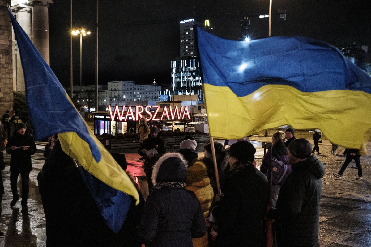 Multiple politicians, activists and regular citizens gathered in Warsaw city center in a demonstration of Solidarity with Ukraine, a neighbour country facing arising threat from Russian Federation. Warsaw, Poland, on February 17th, 2022. (Photo by Piotr Lapinski/NurPhoto via Getty Images)