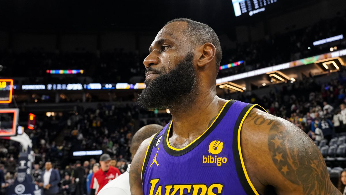 MINNEAPOLIS, MN - MARCH 31: LeBron James #6 of the Los Angeles Lakers walks off the court after the game against the Minnesota Timberwolves at Target Center on March 31, 2023 in Minneapolis, Minnesota. The Lakers defeated the Timberwolves 123-111. NOTE TO USER: User expressly acknowledges and agrees that, by downloading and or using this Photograph, user is consenting to the terms and conditions of the Getty Images License Agreement. (Photo by David Berding/Getty Images)