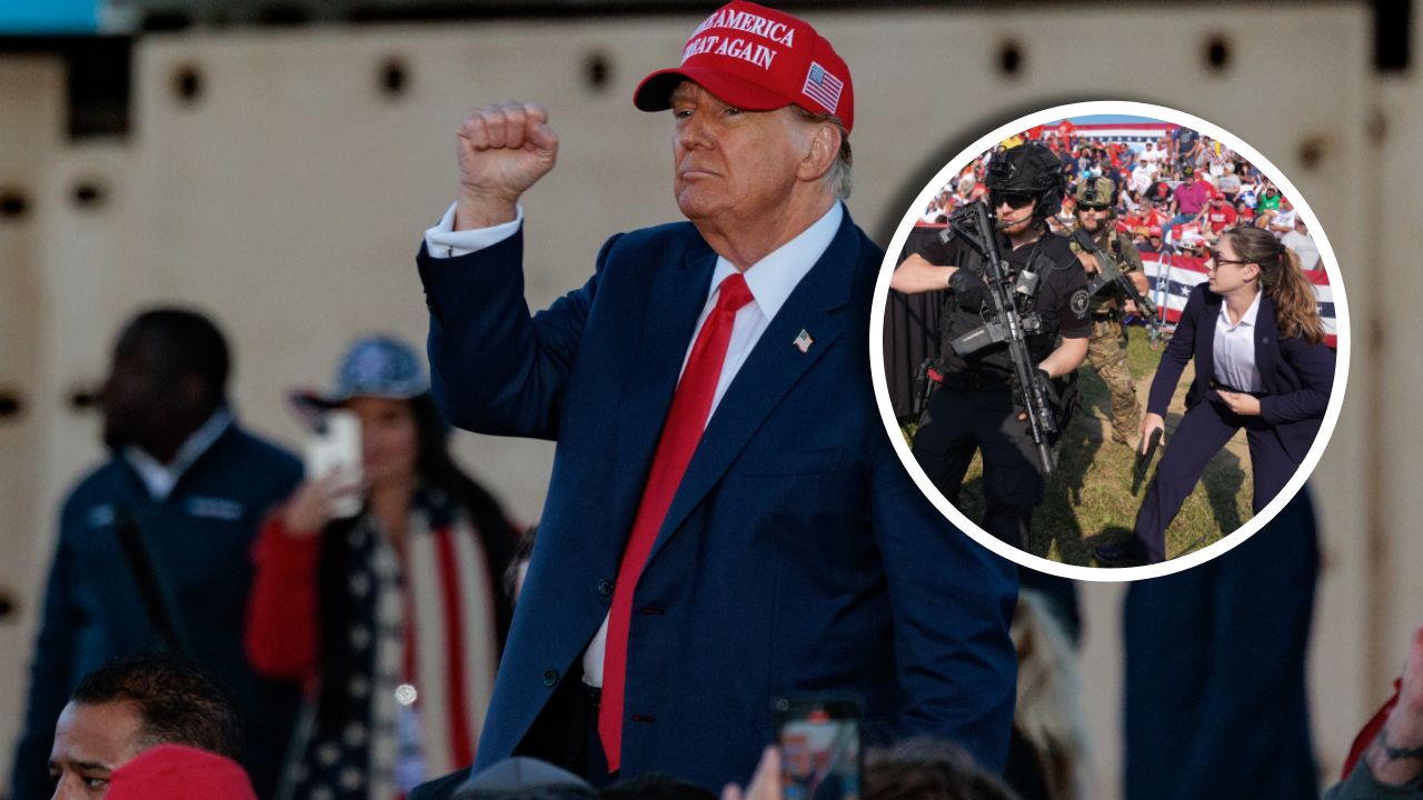 Donald Trump at one of the earlier rallies and agents responding to shots in Pennsylvania (on the right)