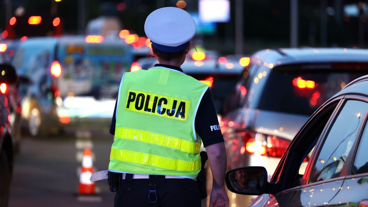 Na zdjęciu policjant w kamizelce odblaskowej przy drodze