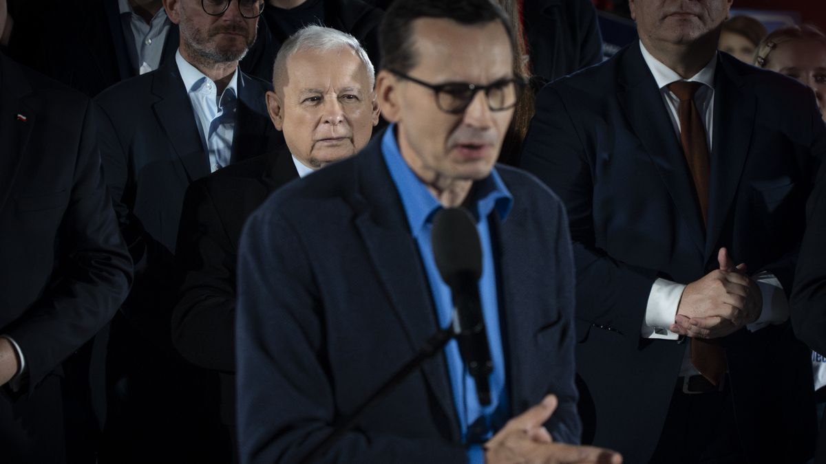 Prime Minister Mateusz Morawiecki is seen speaking during a campaign rally in Sandomierz, Poland on 13 October, 2023. (Photo by Jaap Arriens/NurPhoto via Getty Images)