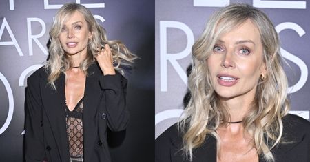 Agnieszka Woźniak-Starak w koronkowym body i skórzanych spodniach rozsyła uśmiechy na gali Elle