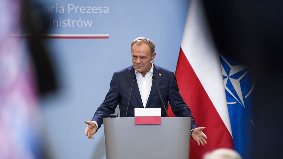 WARSAW, MASOVIAN VOIVODESHIP, POLAND - 2024/11/13: PM Donald Tusk speaks at a press conference with the Secretary General of NATO (North Atlantic Treaty Organization), Mark Rutte (not in view). The Secretary General of NATO (North Atlantic Treaty Organization), Mark Rutte arrived in Warsaw and met with Donald Tusk - Poland's PM. Tusk and Rutte talked about the defense of the eastern flank of NATO, safety of Europe and discussed also the issues regarding the Russian aggression against Ukraine. (Photo by Attila Husejnow/SOPA Images/LightRocket via Getty Images)