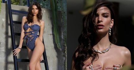 Piersi Emily Ratajkowski reklamują kostiumy kąpielowe
