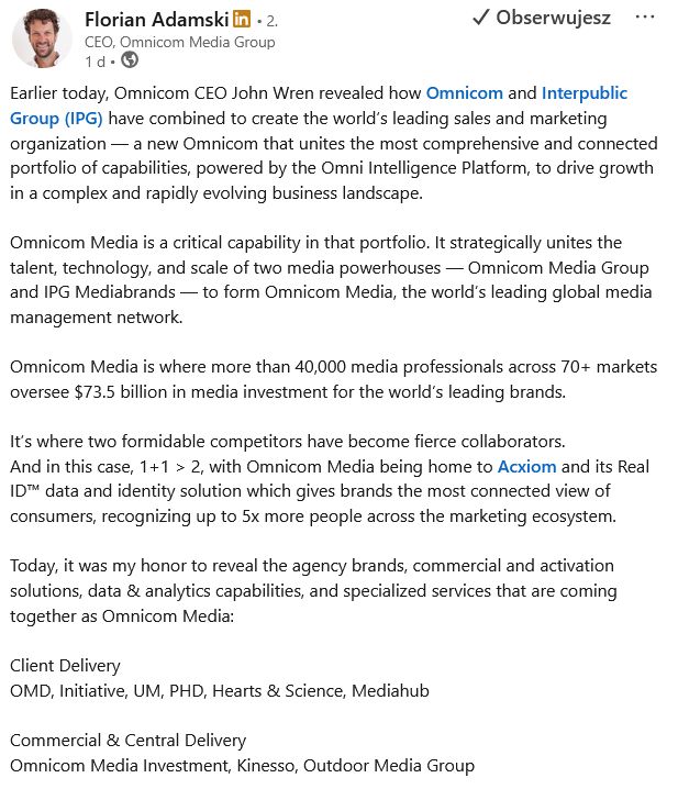 Florian Adamski o nowej strukturze mediowej Omnicomu