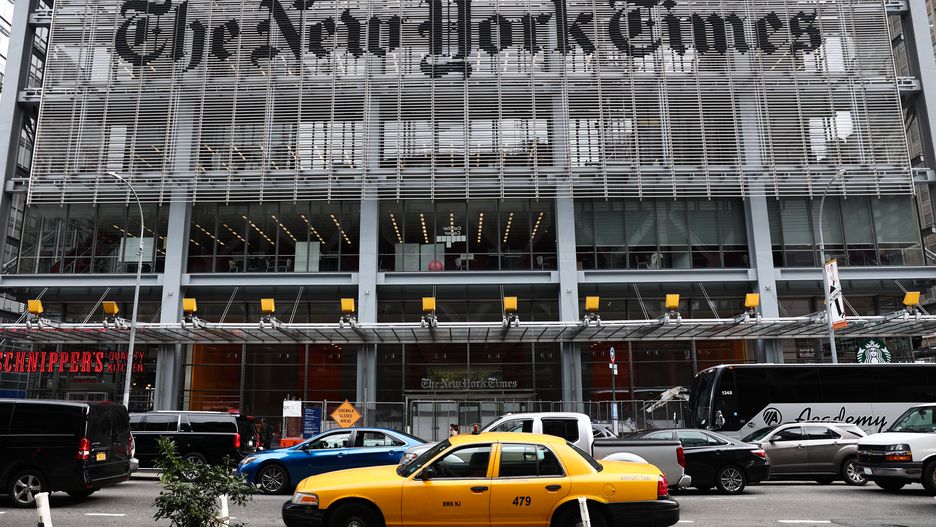 The New York Times logo is seen on the building in New York City, United States on October 27, 2022. (Photo by Jakub Porzycki/NurPhoto via Getty Images)