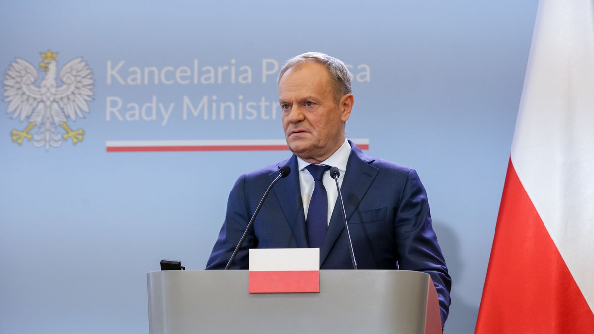 Poland's Prime Minister, Donald Tusk, is delivering a press statement alongside Ukraine's Prime Minister, Denys Shmyhal (not pictured), after bilateral meetings at the Chancellery of the Prime Minister in Warsaw, Poland, on March 28, 2024. Poland-Ukraine intergovernmental consultations are taking place in Poland to discuss the controversial issues of Ukrainian imports to and through Poland as well as security issues. (Photo by Sergii Kharchenko/NurPhoto via Getty Images)