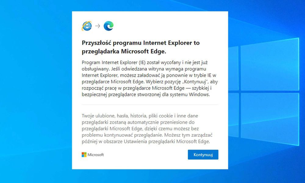 Komunikat o wyłączeniu IE w Windows 10.