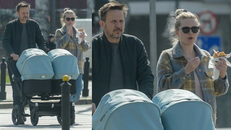Bartłomiej Topa na spacerze z partnerką i córkami bliźniaczkami