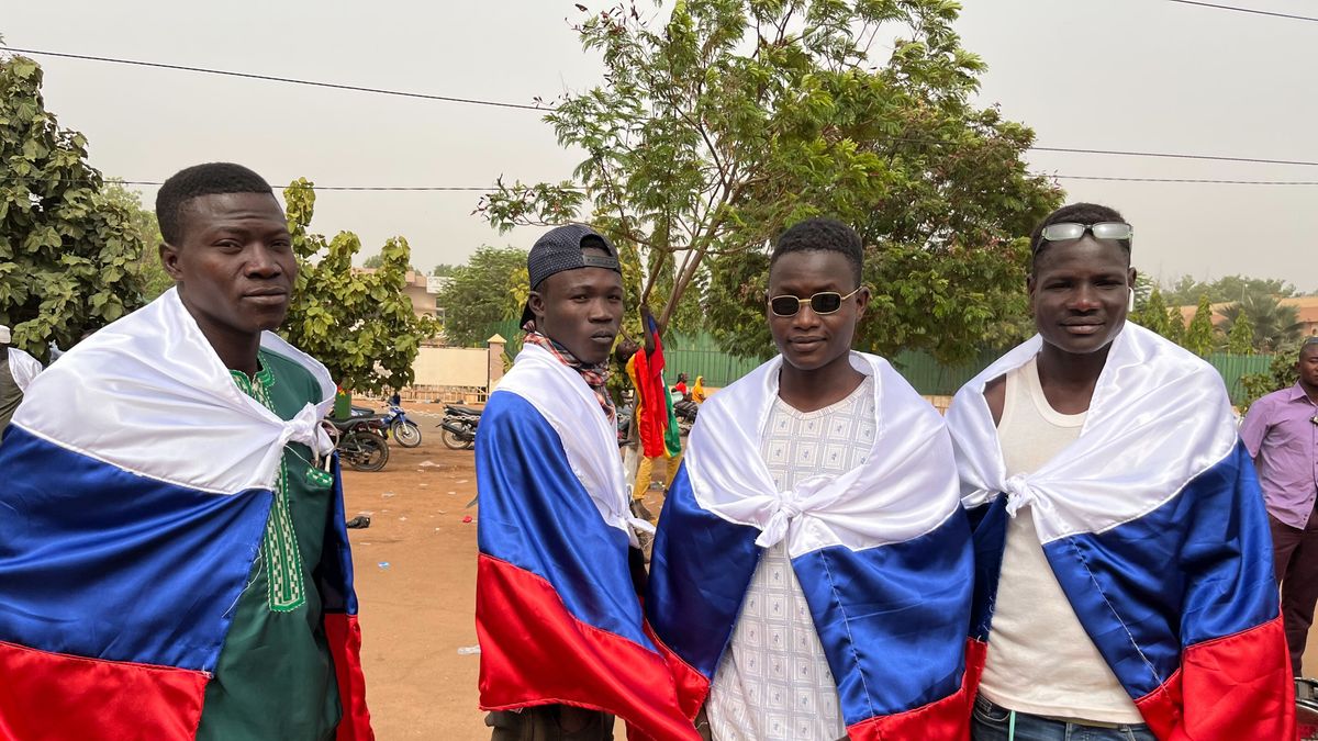 Young men take part in a pro-Russia rally in Ouagadougou, Burkina Faso, on March 27, 2022. (Photo by Danielle Paquette/The Washington Post via Getty Images)