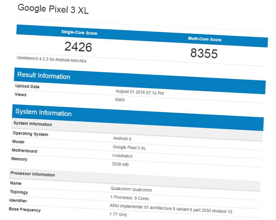 Google Pixel 3 XL w bazie Geekbench
