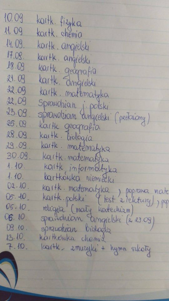 Rozpiska sprawdzianów