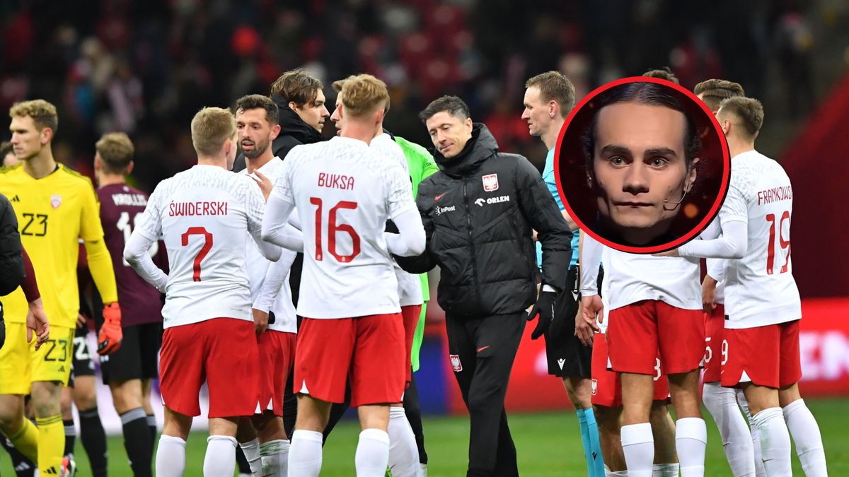 Reprezentacja Polski po meczu z Łotwą. W "ramce" Artur Baranowski w "1 z 10".