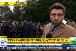 Gigantyczne zamieszanie pod Sejmem. Reporter TVN24 zagłuszany