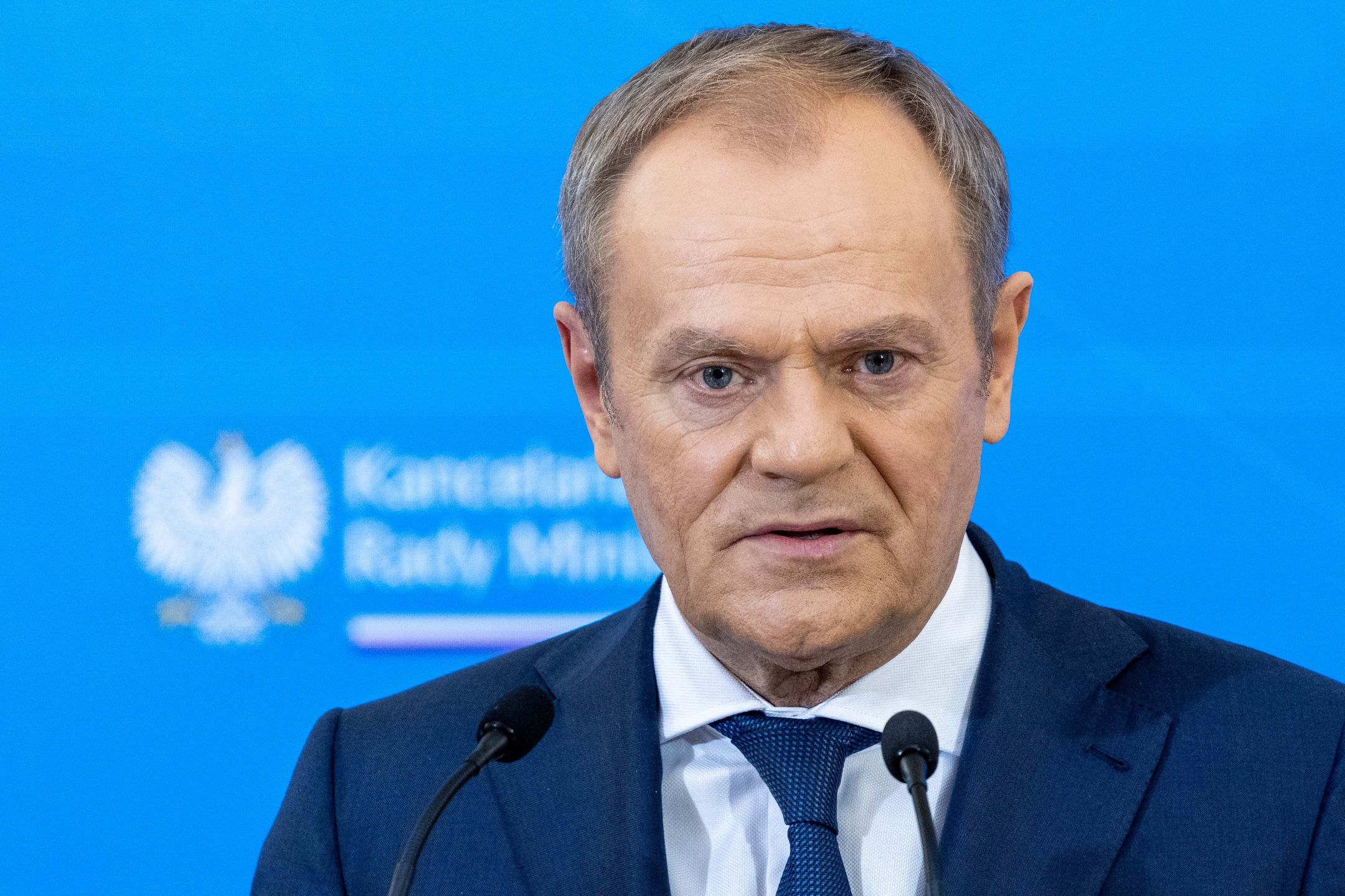 Polish Prime Minister Donald Tusk is making a statement to the press after the Council of Ministers meeting in Warsaw, Poland, on March 19, 2024. (Photo by Andrzej Iwanczuk/NurPhoto via Getty Images)