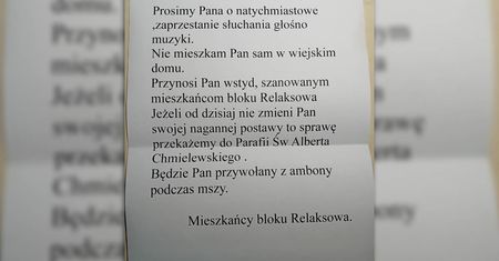 Sąsiad uprzykrza życie głośną muzyką. Mieszkańcy grożą, że jak muzyka nie ucichnie to doniosą do proboszcza