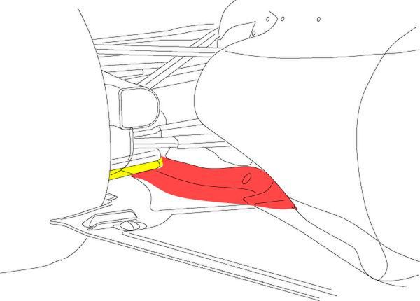 Spaliny (czerwone) wpadające do otworu (żółty) otwartego dmuchanego dyfuzora w Ferrari F10