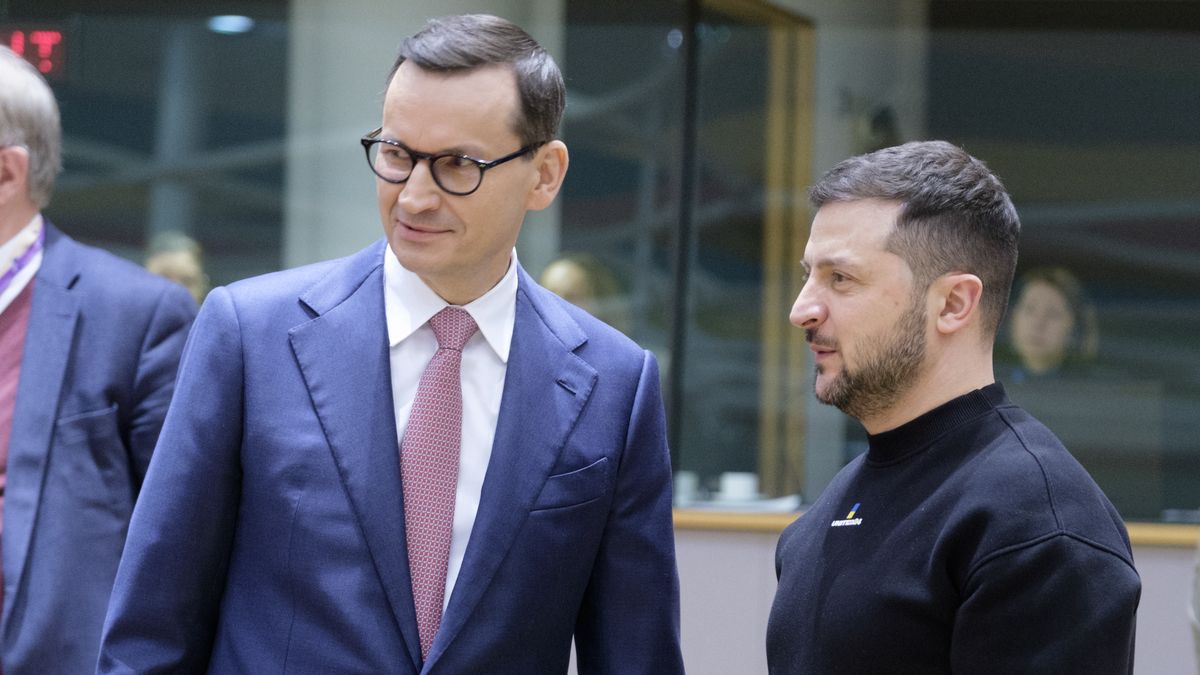 BRUSSELS, BELGIUM - FEBRUARY 9: Polish Prime Minister Mateusz Morawiecki (L) is talking with the President of Ukraine Volodymyr Zelenskyy (R) prior the start of an European Union leaders summit at the European Council headquarters on February 9, 2023 in Brussels, Belgium. President of Ukraine Volodymyr Zelensky began a surprise mini-European tour on February 8, his second trip abroad since the outbreak of the war on February 24, 2022 after his visit to the United States in December. The Ukrainian president is due to meet European Council President Charles Michel on February 9, pleading to his allies to deliver combat planes to Ukraine "as soon as possible", Volodymyr Zelenskyy is expected at the Brussels summit after his visits to London and Paris. (Photo by Thierry Monasse/Getty Images)