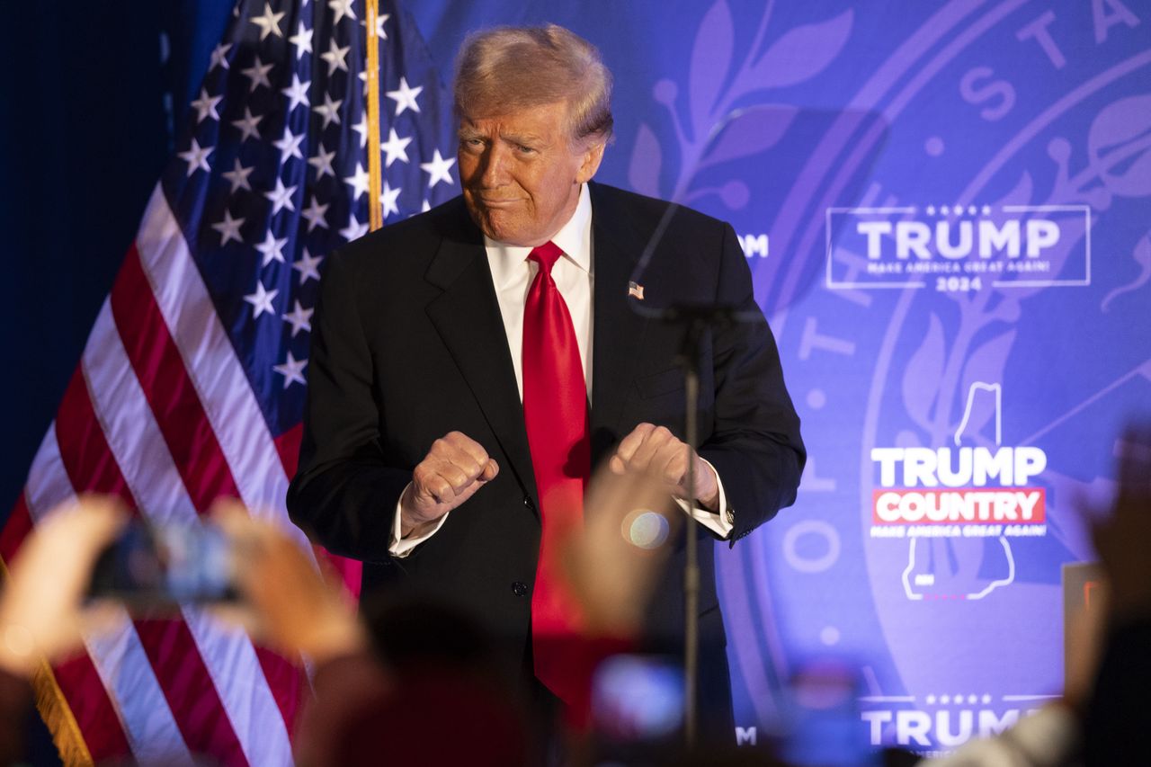 Former US President Donald Trump introduced during a campaign event in Portsmouth, New Hampshire, US, on Wednesday, Jan. 17, 2024. Trump signaled he would again make his stance on China a key part of his US presidential campaign strategy, drawing an unsubstantiated correlation between turbulence in the nations equity markets and his runaway Iowa Republican caucus victory. Photographer: Adam Glanzman/Bloomberg via Getty Images