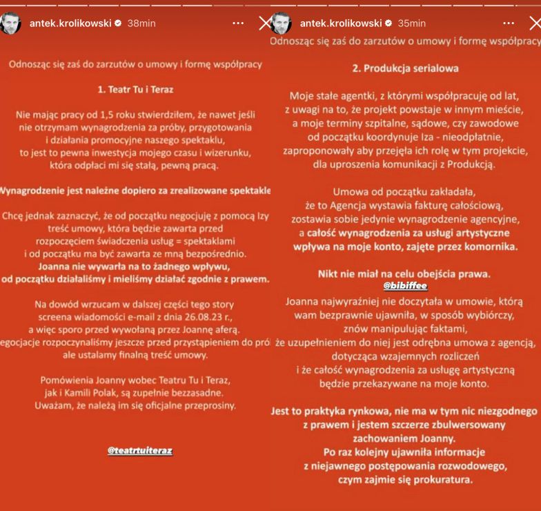Antek Królikowski odpowiada na zarzuty Joanny Opozdy