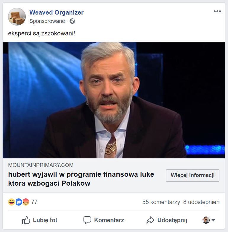 Jeden z licznych przykładów reklamy fałszywego artykułu (Facebook, fot. Piotr Urbaniak)