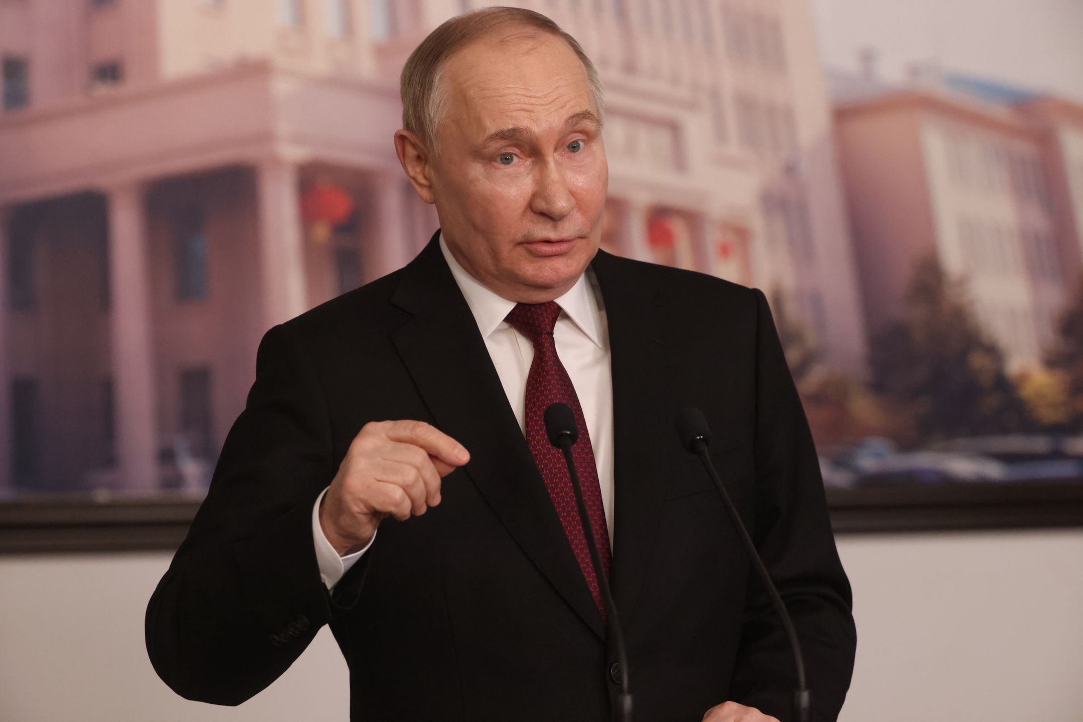 HARBIN, CHINA - MAY 17: (RUSSIA OUT) Russian President Vladimir Putin gestures during his press conference at the Harbin Institute of Technology, May 17, 2024, in Harbin, China. Russian President Putin is having a two-day visit to China. (Photo by Contributor/Getty Images)