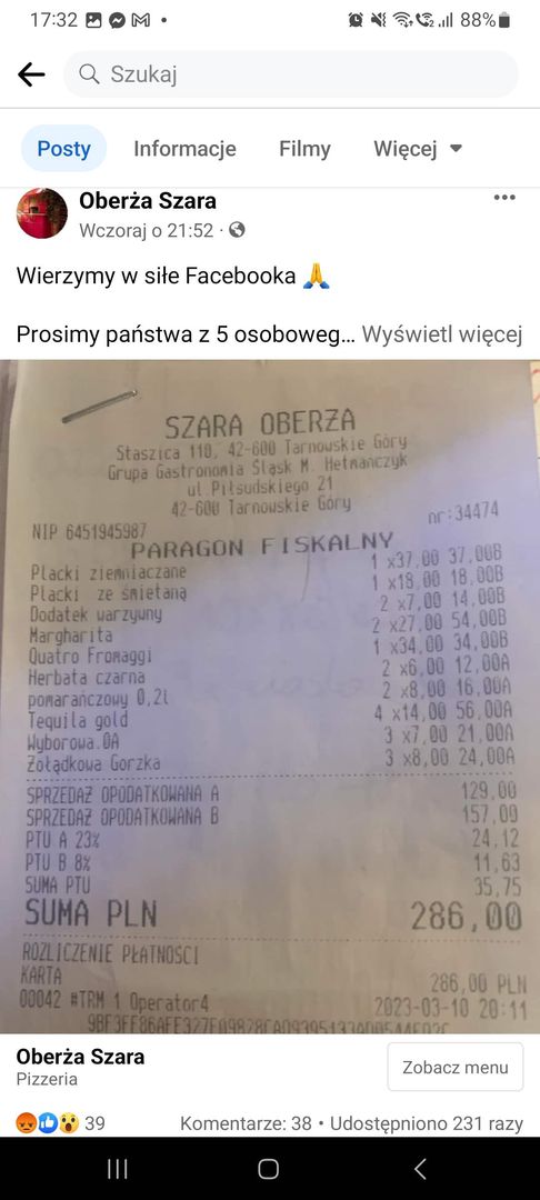 Restauracja zamieściła apel na Facebooku