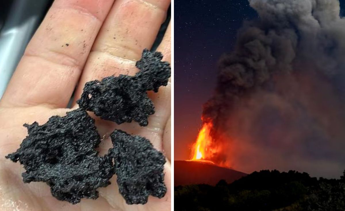 wulkan, etna, pył wulkaniczny Obudził się wulkan. Miasto pokryte grubą warstwą pyłu