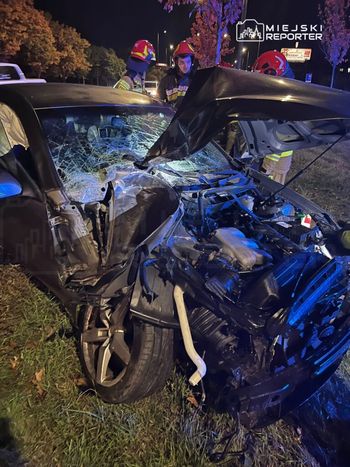 Warszawa: Wpadł w poślizg, ściął drzewo i uderzył w słup na Białołęce