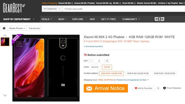 Xiaomi Mi MIX 2 został już dodany do bazy sklepu GearBest