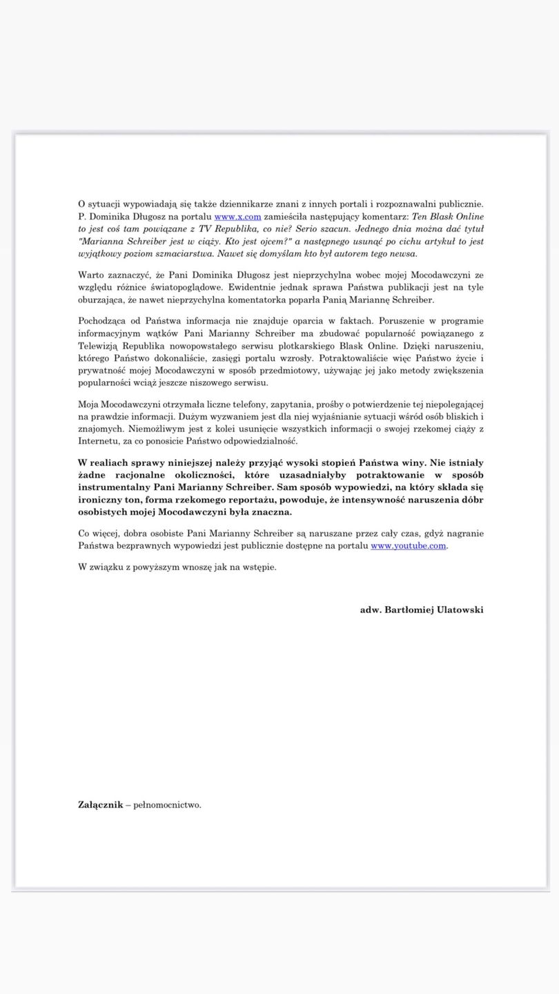 Treść wezwania wysłanego w imieniu Marianny Schreiber
