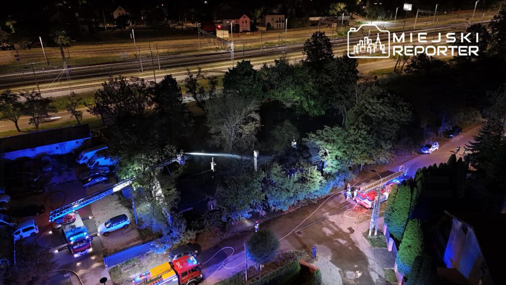 Strażacy z drabiną gaśniczą oświetlają teren akcji ratunkowej w nocy, obok torów kolejowych.