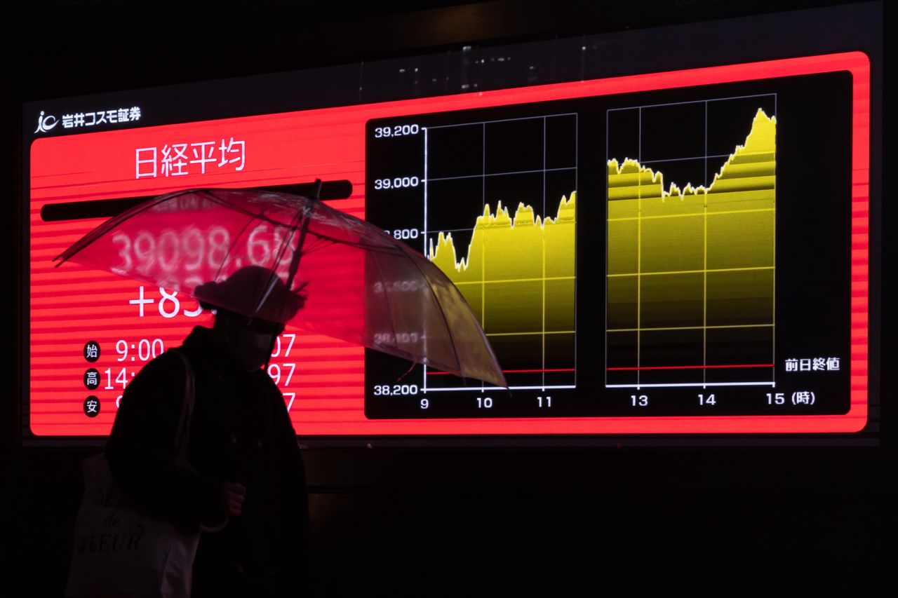 TOKYO, JAPAN - FEBRUARY 22: A pedestrian walks past an electronic board displaying the closing figure of the Nikkei Stock Average on February 22, 2024 in Tokyo, Japan. The Nikkei 225 stock index in Japan reached a historic milestone today, closing at a record high of 39,098.68, marking a significant moment in the country's financial markets and surpassing its previous peak set over three decades ago. (Photo by Tomohiro Ohsumi/Getty Images)