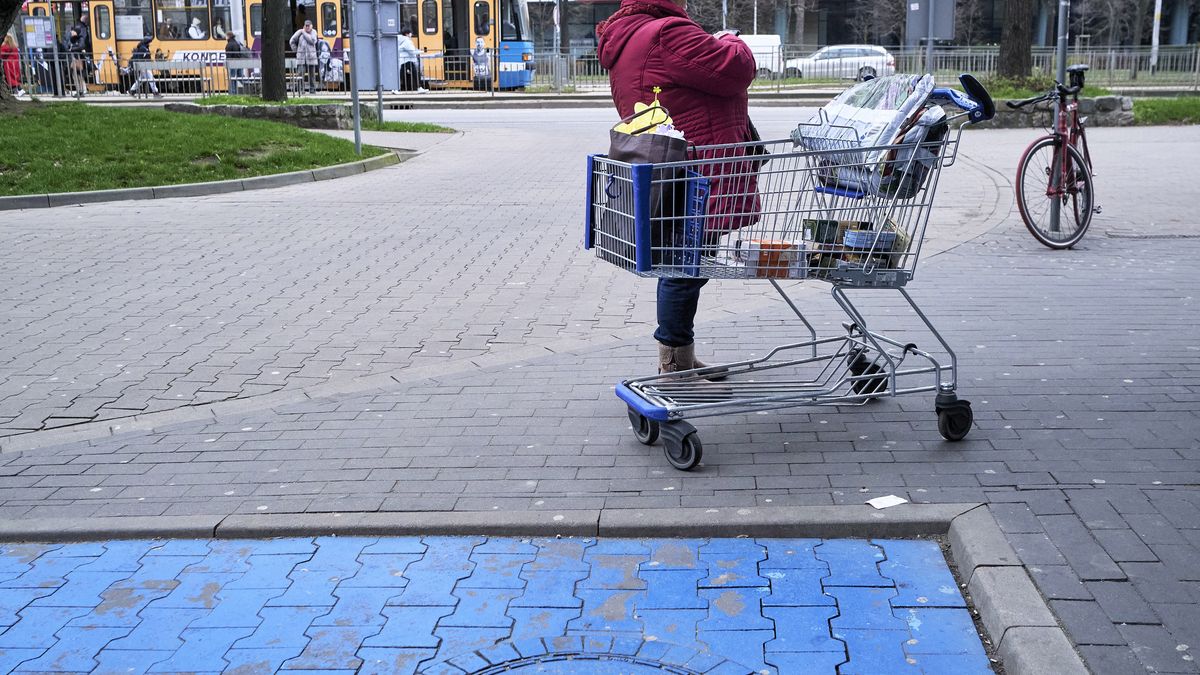 A customer with a shopping cart outside a grocery store in Wroclaw, Poland, on Tuesday, March 5, 2024. The Polish national bank, also known as Narodowy Bank Polski (NBP), will announce rates on March 6. Photographer: Bartek Sadowski/Bloomberg via Getty Images