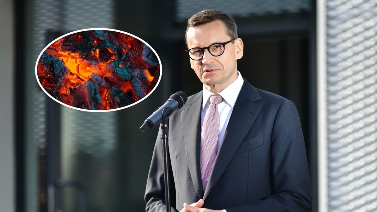 Na zdjęciu Mateusz Morawiecki i nałożona fota węgla