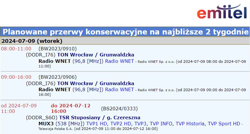 Informacja o planowanych pracach serwisowych na wtorek (9 lipca)