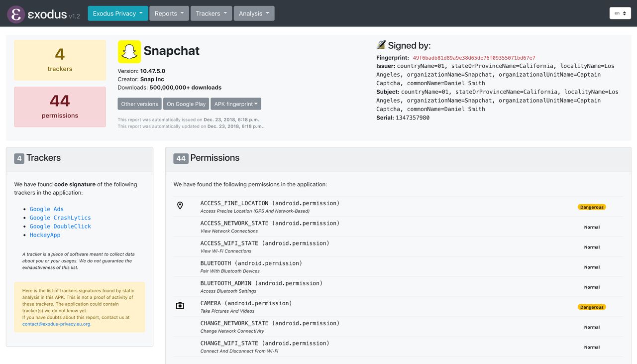 Raport Exodus Privacy z analizy Snapchata