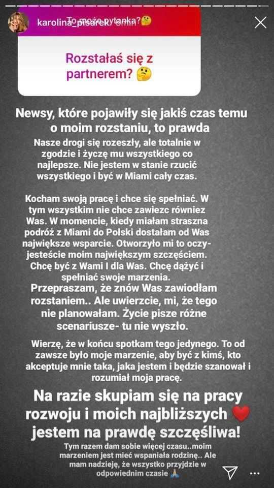 Karolina Pisarek zakończyła związek. Przeprasza za to fanów.