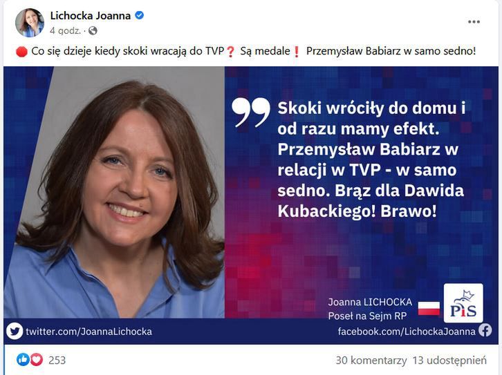 Joanna Lichocka chwali Przemysława Babiarza