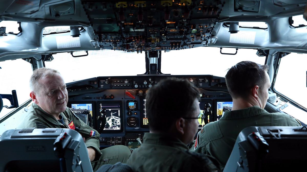BRUSSELS, BELGIUM - NOVEMBER 27: Air crew members sit inside the cockpit of a NATO Airborne Warning And Control System (AWACS) aircraft during signing of a contract with Boeing to modernise the Alliances fleet of AWACS aircraft, at Melsbroek on the outskirts of Brussels, Belgium on November 27, 2019. (Photo by Dursun Aydemir/Anadolu Agency via Getty Images)