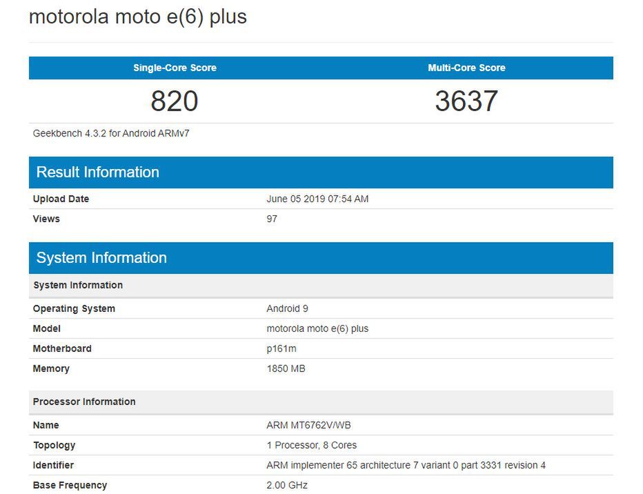 Motorola Moto E6 Plus w bazie programu Geekbench