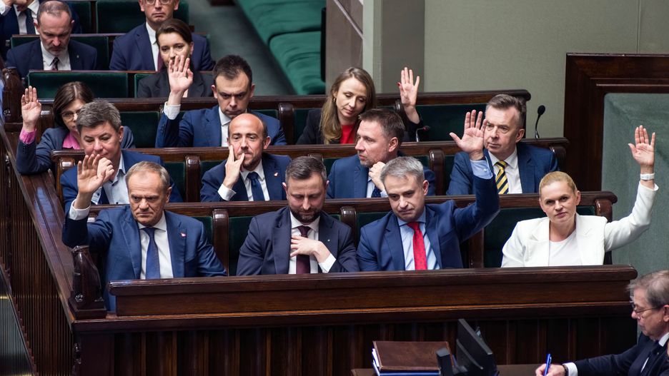 WARSAW, MASOVIAN VOIVODESHIP, POLAND - 2024/04/12: PM Donald Tusk (left bottom) casts his vote during the voting on the abortion bill in the parliament. The Polish Lawmakers in the lower house (Sejm) of parliament have voted in favour of sending all four different proposal of bills on abortion to a special commission. Two of the bills are aimed at legalising abortion up to the 12th week of pregnancy and another focuses on decriminalisation. The fourth, introduced by the conservative Third Way alliance, seeks a return to strict 1993 laws. Marta Lempart, the leader of the Women's Strike organization (Strajk Kobiet), also appeared in the Sejm, along with pro-abortion activists who were present at the session room. 
The traditionally Catholic nation has one of the most restrictive laws in Europe but the reality is that many women terminate pregnancies at home with pills mailed from abroad. (Photo by Attila Husejnow/SOPA Images/LightRocket via Getty Images)
