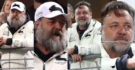 54-letni Russell Crowe "bawi się" na trybunach meczu rugby (ZDJĘCIA)