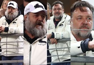 54-letni Russell Crowe "bawi się" na trybunach meczu rugby (ZDJĘCIA)