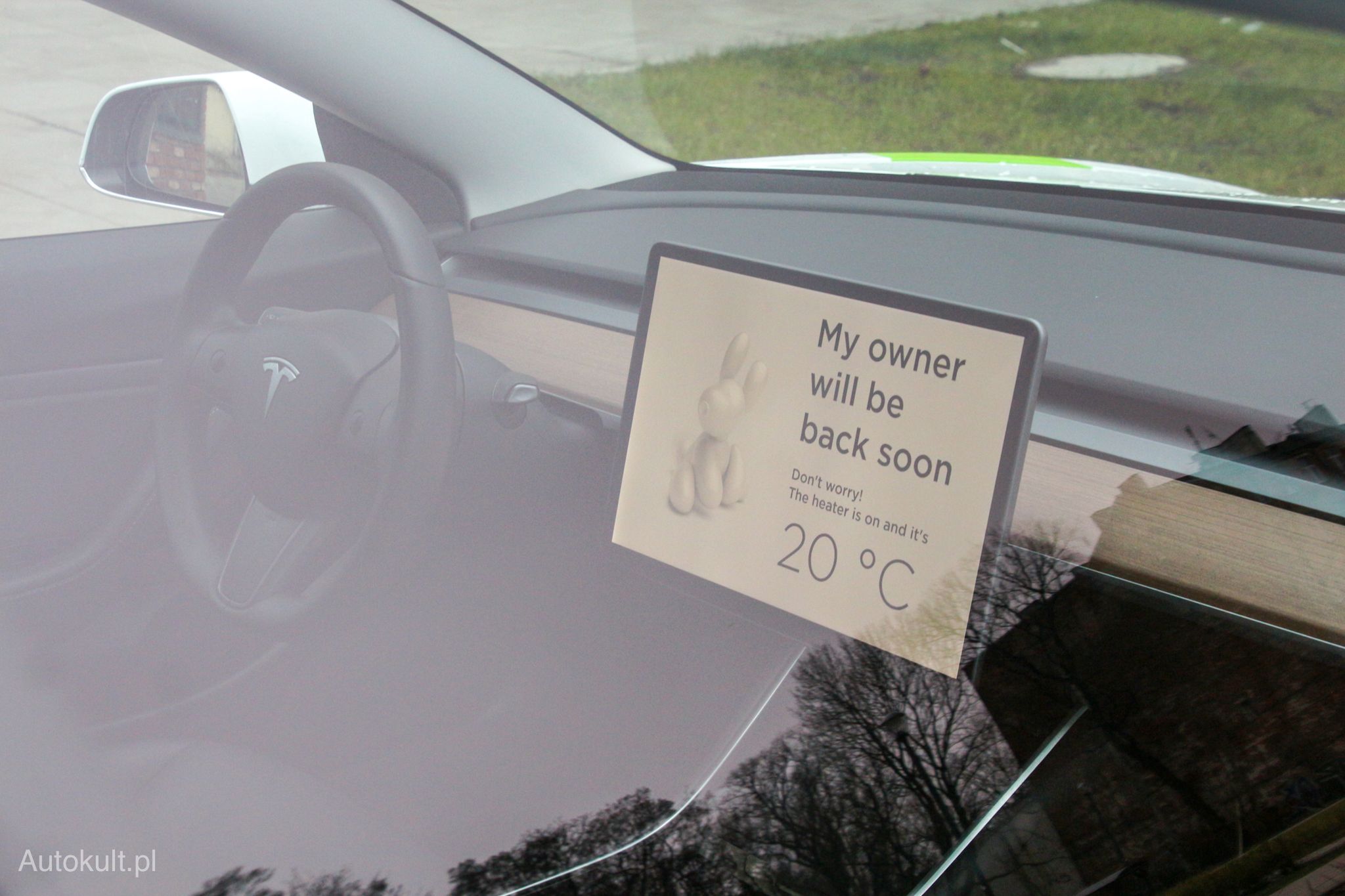 Na ekranie wyświetlany jest także komunikat po wejściu w "Dog Mode". Wtedy tesla utrzymuje odpowiednią temperaturę nawet po zamknięciu auta